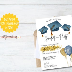 May include: Editable graduation party invitation template with a gold and blue watercolor design. The invitation features three graduation caps, balloons, and the text "Graduation Party" in honor of Justin Davis. The text also includes the date, time, and location of the party, as well as RSVP information.