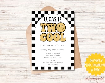 EDITABLE Two Cool Birthday Invitation, Boy 2nd Birthday Invite, Smiley Face Birthday Invitation, Printable Template, Instant Download, Retro