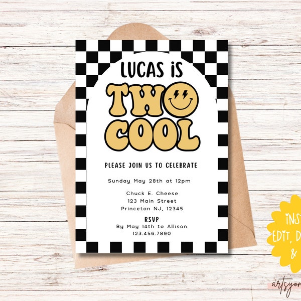 EDITABLE Two Cool Birthday Invitation, Boy 2nd Birthday Invite, Smiley Face Birthday Invitation, Printable Template, Instant Download, Retro