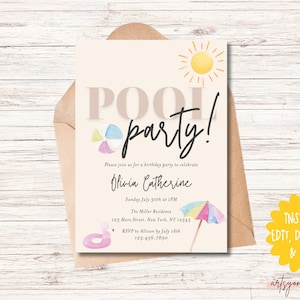 Pool Party Invitation, Pool Birthday Party Invite, Swimming Pool Birthday, Summer Pool Party, Instant Download, Editable File, End of School