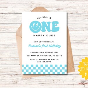 One Happy Dude Invitation, Boy First Birthday Invite, 1st Birthday Template, Smile Face One Happy Dude Birthday Invite Instant Download