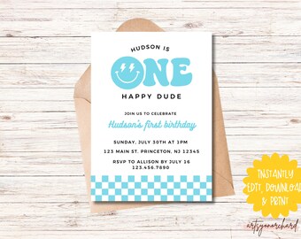 One Happy Dude Invitation, Boy First Birthday Invite, 1st Birthday Template, Smile Face One Happy Dude Birthday Invite Instant Download