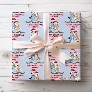 Blue Dog Wrapping Paper, Blue Bingo Dog Xmas gift Wrap, Blue Dog Xmas Custom Gift Wrap, Personalized Name Cartoon Merry Christmas Gift Wrap