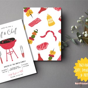 Grill and Chill Invite, BBQ cookout party invitation, Backyard BBQ Party, Summer cookout invite, Barbecue party invite, Family Picnic Invite