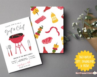 Grill and Chill Invite, BBQ cookout party invitation, Backyard BBQ Party, Summer cookout invite, Barbecue party invite, Family Picnic Invite