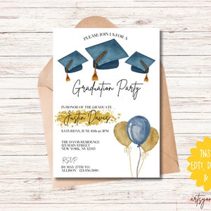 May include: A white graduation party invitation with blue and gold watercolor accents. The invitation features three graduation caps, balloons, and the text "Graduation Party" in black script. The text "Justin Davis" is in gold script with a gold watercolor background. The invitation also includes the date, time, and location of the party.