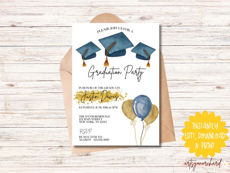 May include: A white graduation party invitation with blue and gold watercolor accents. The invitation features three graduation caps, balloons, and the text "Graduation Party" in black script. The text "Justin Davis" is in gold script with a gold watercolor background. The invitation also includes the date, time, and location of the party.
