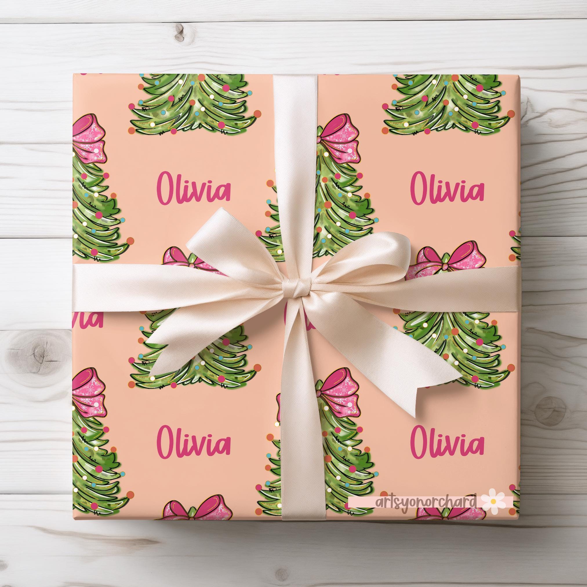 Large Pink Preppy Coquette Bow Christmas Tree Wrapping Paper | Personalized Gift Wrap | Custom Name Holiday Gift Wrap | Name Gift Wrap Paper