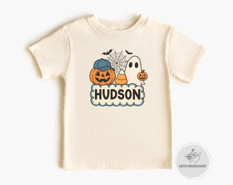 Personalized Boys Halloween Shirt, Boys Ghost Name Toddler Shirt, Custom Name Retro Halloween Natural Boys Tee, Trendy Ghost Name Sweatshirt