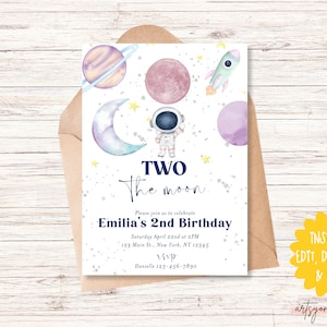 Two the Moon 2nd Birthday Invitation Template, Two the Moon Girl Birthday Space Invitation, Invitation Girl, Printable Birthday Invitation