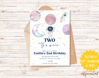 Two the Moon 2nd Birthday Invitation Template, Two the Moon Girl Birthday Space Invitation, Invitation Girl, Printable Birthday Invitation