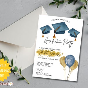 May include: A white graduation party invitation with blue and gold accents. The invitation features a watercolor illustration of three graduation caps and balloons. The text on the invitation reads "Please join us for a Graduation Party in honor of the graduate Justin Davis. Saturday, June 10th at 3PM. The Davis Residence 123 Main Street New York, NY 12345 RSVP by May 27th to Allison 123-456-7890"