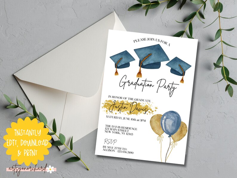 May include: A white graduation party invitation with blue and gold accents. The invitation features a watercolor illustration of three graduation caps and balloons. The text on the invitation reads "Please join us for a Graduation Party in honor of the graduate Justin Davis. Saturday, June 10th at 3PM. The Davis Residence 123 Main Street New York, NY 12345 RSVP by May 27th to Allison 123-456-7890"