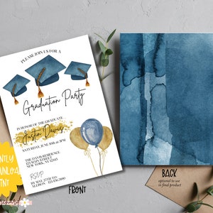 May include: A graduation party invitation with a blue and gold watercolor background. The invitation features a blue graduation cap and balloons. The text on the invitation reads "Please join us for a Graduation Party in honor of the graduate Justin Davis. Saturday, June 10th at 3:00 PM. The Davis Residence 123 Main Street New York, NY 12345 RSVP by May 27th to Allison 123-456-7890"