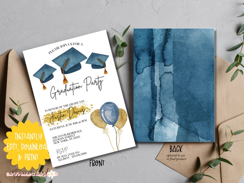 May include: A graduation party invitation with a blue and gold watercolor background. The invitation features a blue graduation cap and balloons. The text on the invitation reads "Please join us for a Graduation Party in honor of the graduate Justin Davis. Saturday, June 10th at 3:00 PM. The Davis Residence 123 Main Street New York, NY 12345 RSVP by May 27th to Allison 123-456-7890"