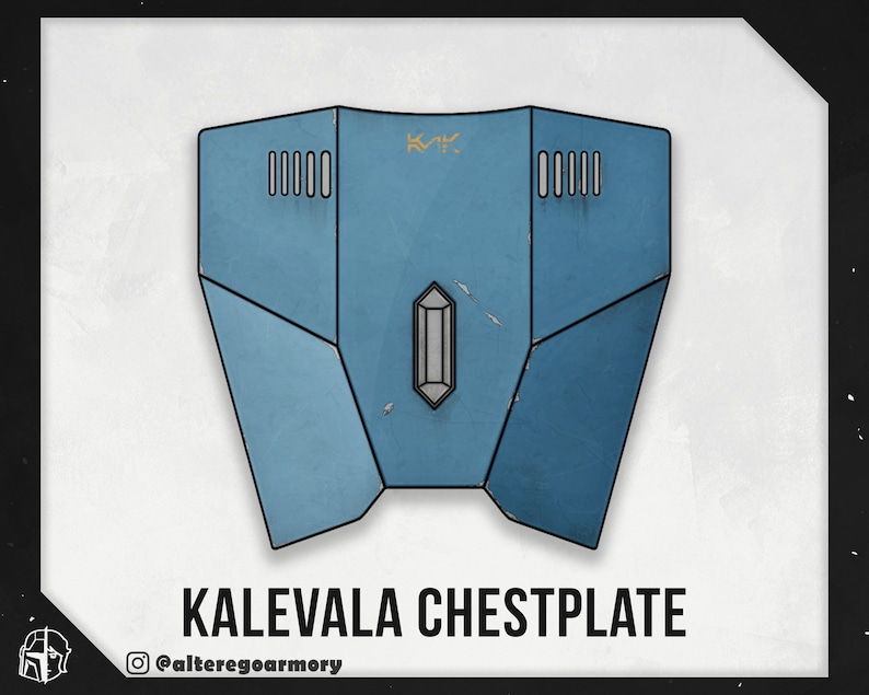 K&ouml;nnte beinhalten: Ein blauer und silberner Brustpanzer mit einem Kristall in der Mitte und dem Text "K.Y." dar&uuml;ber. Der Brustpanzer hat ein geometrisches Design und ist mit "Kalevala Chestplate" beschriftet.