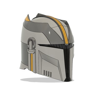 May include: A gray and black helmet with yellow accents. The helmet has a visor and a pointed top.
