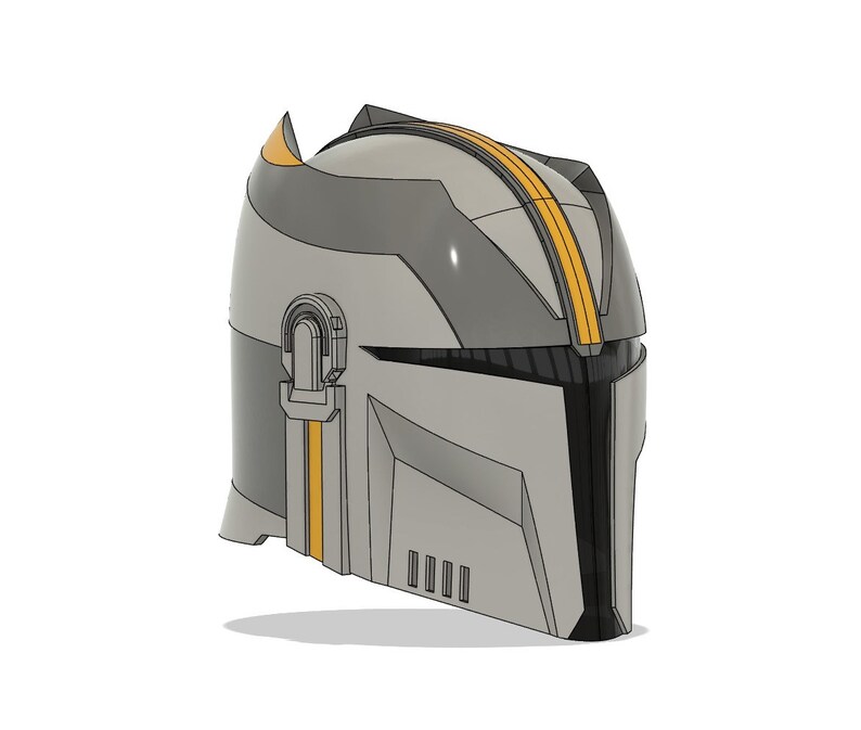 May include: A gray and black helmet with yellow accents. The helmet has a visor and a pointed top.