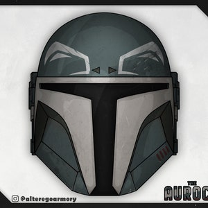 May include: A blue and gray Mandalorian helmet with white markings and red accents. The helmet has a visor and a textured surface. The text "THE AUROCH" is printed below the helmet.