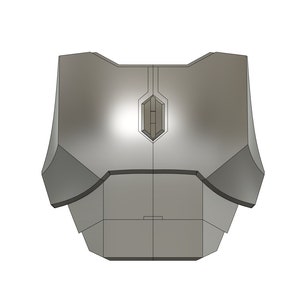 Puede incluir: Una pieza de pecho de forma geom&eacute;trica de color plateado con un panel central en forma de diamante. La pieza de pecho tiene una superficie texturizada y parece estar hecha de metal.