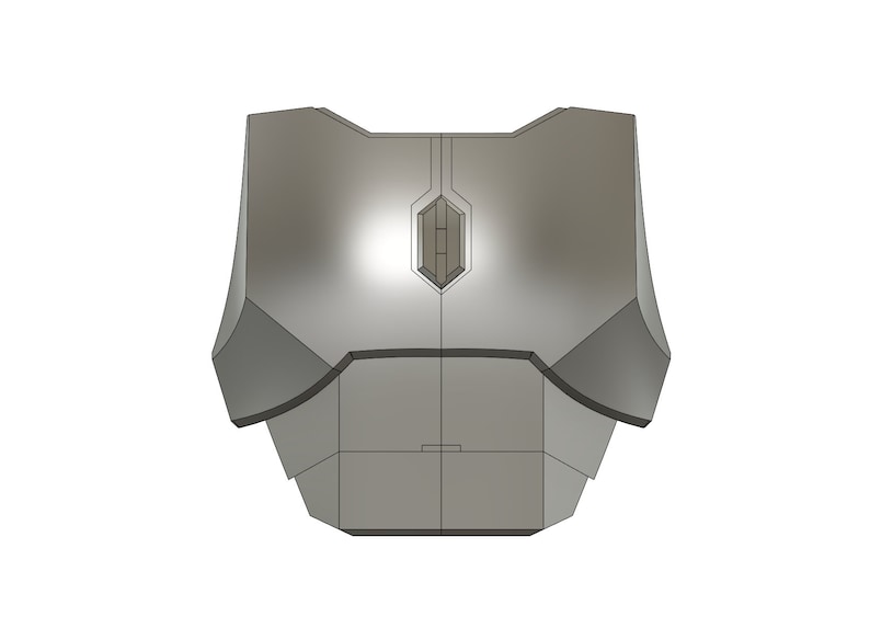 Puede incluir: Una pieza de pecho de forma geom&eacute;trica de color plateado con un panel central en forma de diamante. La pieza de pecho tiene una superficie texturizada y parece estar hecha de metal.