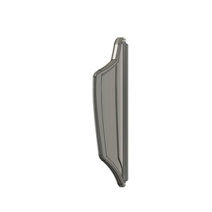 May include: A silver-colored metal shield with a slightly curved shape and a raised edge.