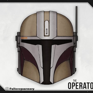 Puede incluir: Una ilustración estilizada de un casco mandaloriano en marrón, gris y burdeos. El casco tiene una visera y una pequeña antena en la parte superior. El texto "THE OPERATOR" está debajo del casco.