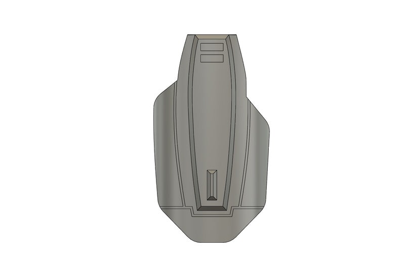May include: A gray, plastic, key-shaped object with a rectangular opening and two smaller rectangular openings at the top.