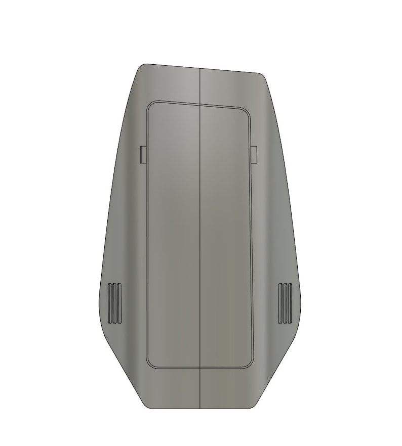 May include: A gray, rectangular, vertical, flat, smooth, and solid object with a slightly curved top and bottom. The object has a vertical seam down the center and two small rectangular holes on each side.