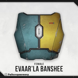 Puede incluir: Una pieza de pecho azul y amarilla con un panel gris en el centro. La pieza de pecho tiene un aspecto desgastado y descolorido. El texto "FEMALE EVAAR' LA BANSHÉE" está debajo de la pieza de pecho. El texto "@alteregoarmory" está debajo del texto.
