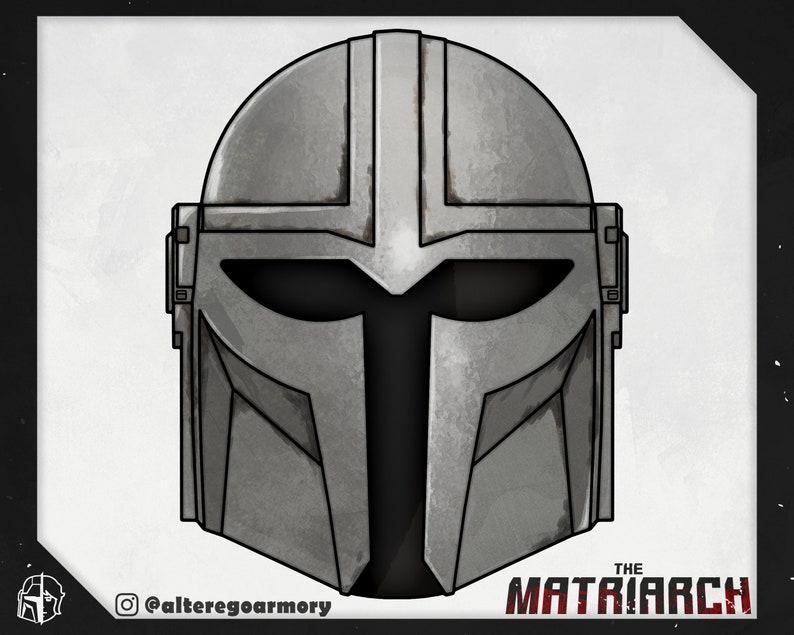 May include: A black and white illustration of a Mandalorian helmet with the text "THE MATRIARCH" below it.