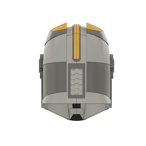 May include: A gray and yellow helmet with a rectangular panel on the back. The helmet has a yellow stripe down the center.