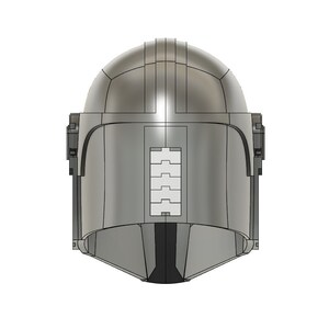 May include: A silver helmet with a visor and a series of rectangular panels on the back. The helmet is designed to resemble a Mandalorian helmet.