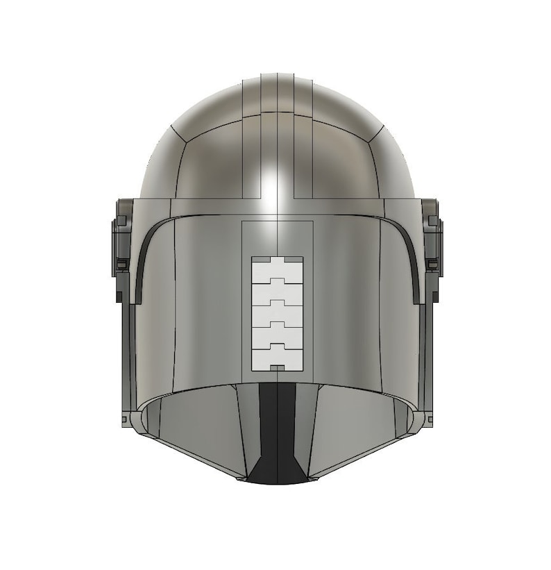 May include: A silver helmet with a visor and a series of rectangular panels on the back. The helmet is designed to resemble a Mandalorian helmet.