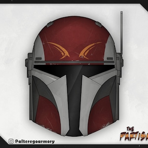 May include: A red and gray Mandalorian helmet with a white stripe and orange markings. The helmet has a black visor and a small antenna on top. The text "THE PARTISAN" is visible in the lower right corner of the image.