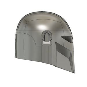 May include: A gray 3D printed helmet with a visor and a detailed design. The helmet has a textured surface and a curved shape.