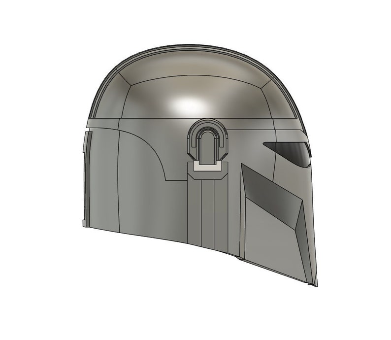 May include: A gray 3D printed helmet with a visor and a detailed design. The helmet has a textured surface and a curved shape.