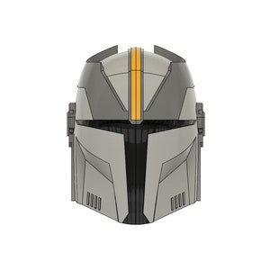 May include: A gray and black helmet with a yellow stripe down the center. The helmet has a visor and a series of vents on the sides.