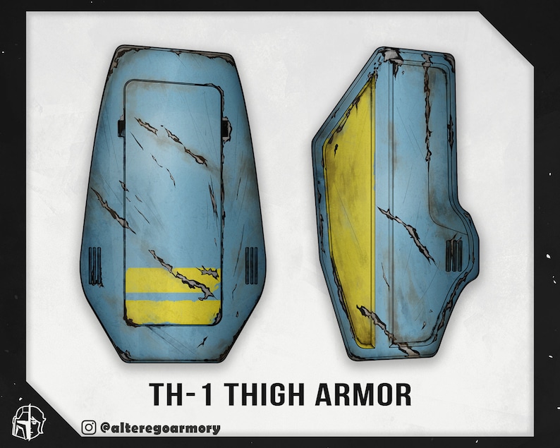 May include: A pair of blue and yellow thigh armor pieces with a worn and weathered look. The armor is labeled "TH-1 THIGH ARMOR" and has a distressed, almost rusty appearance.