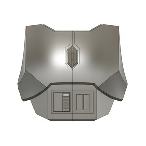 Puede incluir: Una pieza de pecho de color plateado, de aspecto futurista, con un panel en forma de diamante en el centro y dos paneles rectangulares debajo.