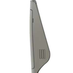 May include: A gray, triangular-shaped electronic device with a slot on the side and three small rectangular openings.