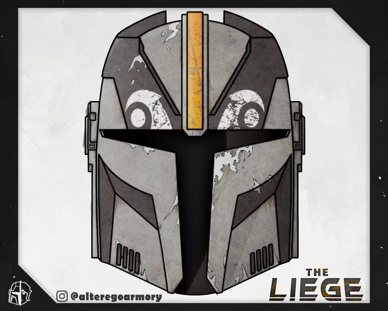 May include: A gray and black helmet with a yellow stripe down the center. The helmet has a weathered look and the text "THE LIEGE" is visible in the lower right corner.