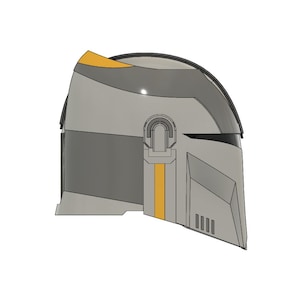 May include: A gray and black helmet with a yellow stripe down the side. The helmet has a visor and a small antenna on top.