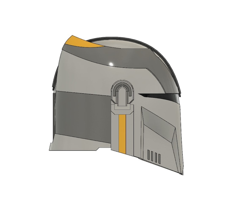 May include: A gray and black helmet with a yellow stripe down the side. The helmet has a visor and a small antenna on top.