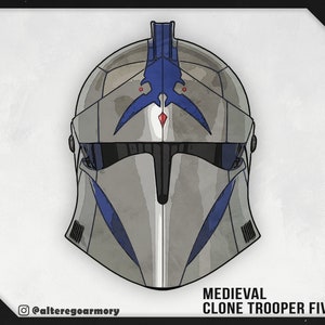 May include: A medieval-style helmet with a blue and silver design. The helmet has a crest on top and a visor that is down. The helmet is labeled "MEDIEVAL CLONE TROOPER FIVES".