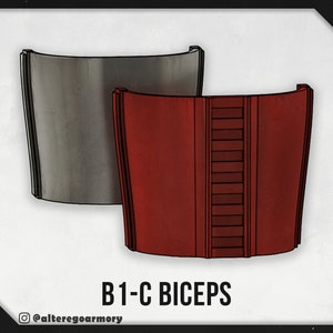 Peut inclure: Deux pièces imprimées en 3D pour un costume, l'une est gris argenté et l'autre rouge foncé. La pièce rouge a une série de lignes verticales sur le devant. Le texte "B1-C BICEPS" est sous les pièces.