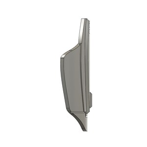 May include: A side view of a gray metal urinal with a rounded front and a rectangular back.