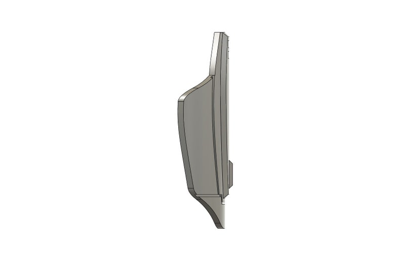 May include: A side view of a gray metal urinal with a rounded front and a rectangular back.