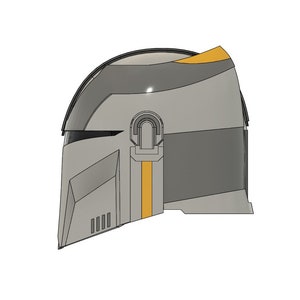 May include: A gray and yellow helmet with a visor and a textured surface. The helmet has a rectangular shape with a curved top.
