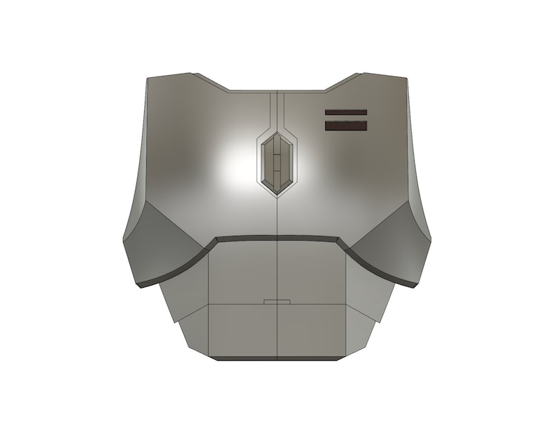 Puede incluir: Una pieza de pecho de color plateado, de aspecto futurista, con un panel en forma de diamante y dos l&iacute;neas horizontales en la parte superior.